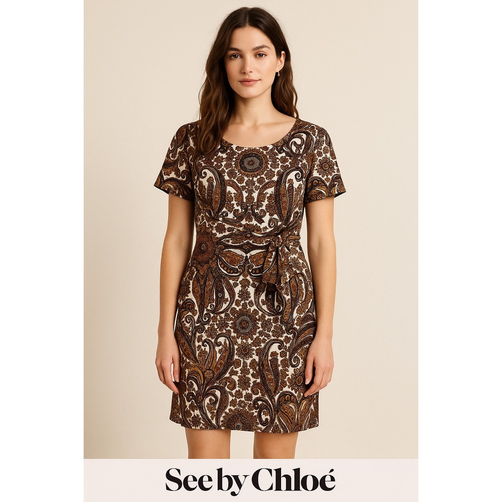 See by Chloé Womens Dress‎ Size 12 Paisley Jacquard Tie Waist Short Sleeve Boho - Picture 2 of 13